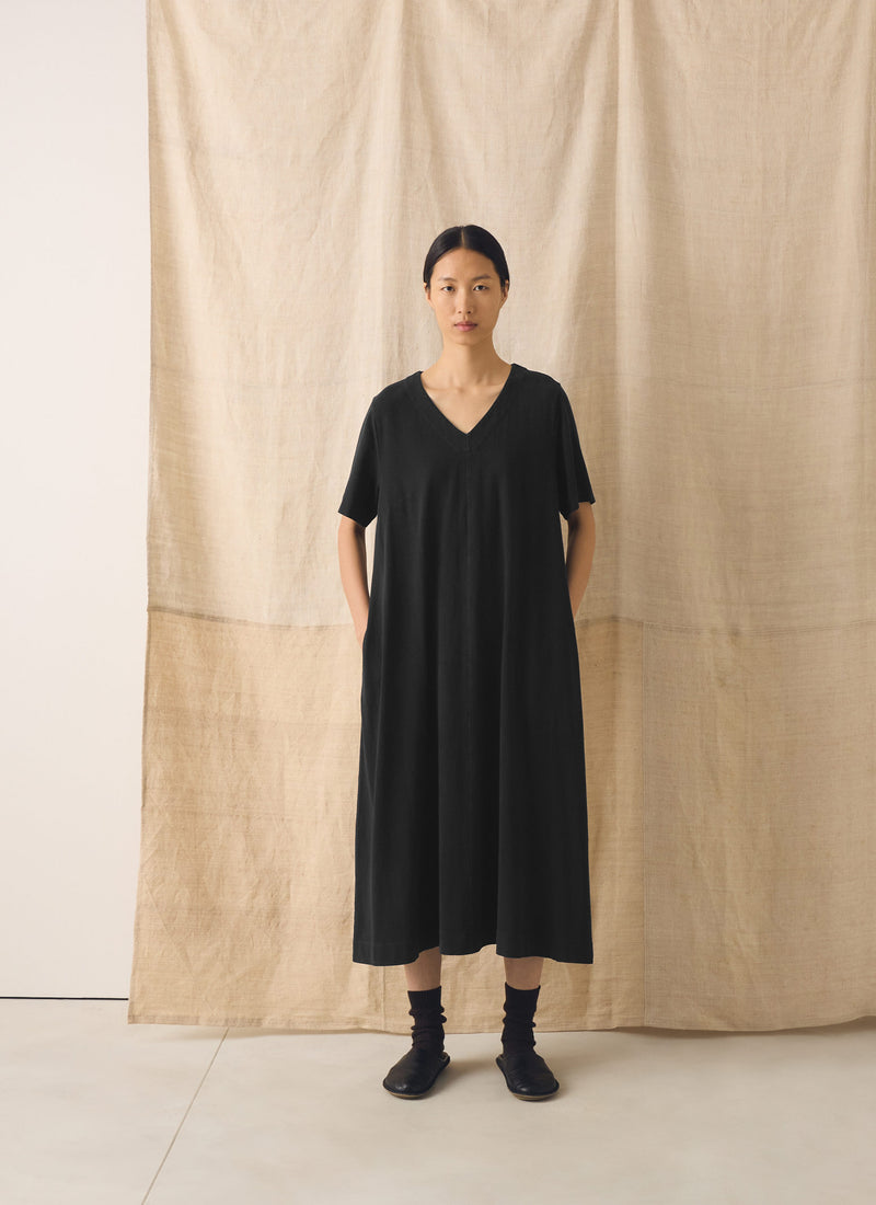 Cotton Jersey V Neck Dress | Washed Black
