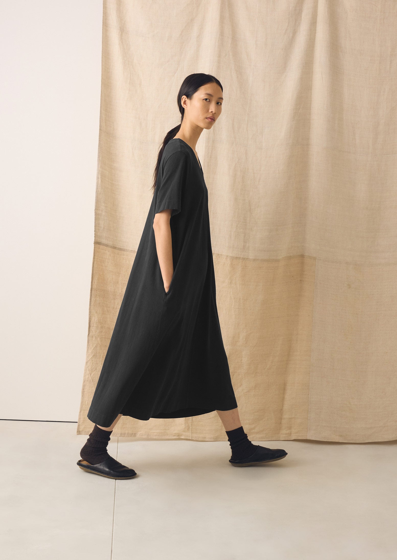 Cotton Jersey V Neck Dress | Washed Black | TOAST