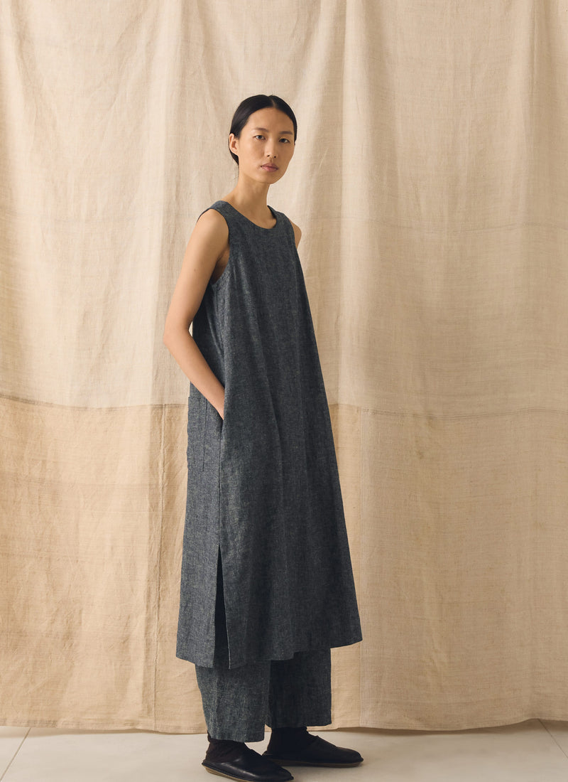 Linen Cotton Twill Apron Shift Dress | Navy/Ecru