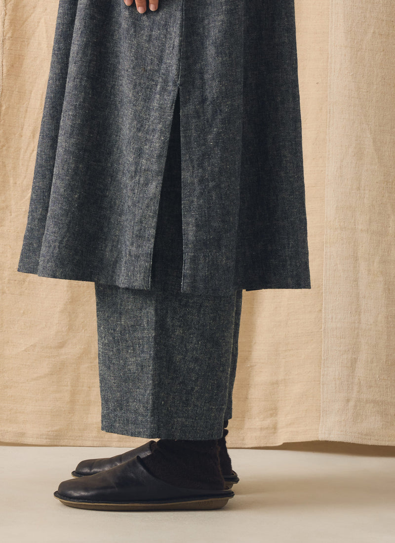 Linen Cotton Twill Apron Shift Dress | Navy/Ecru
