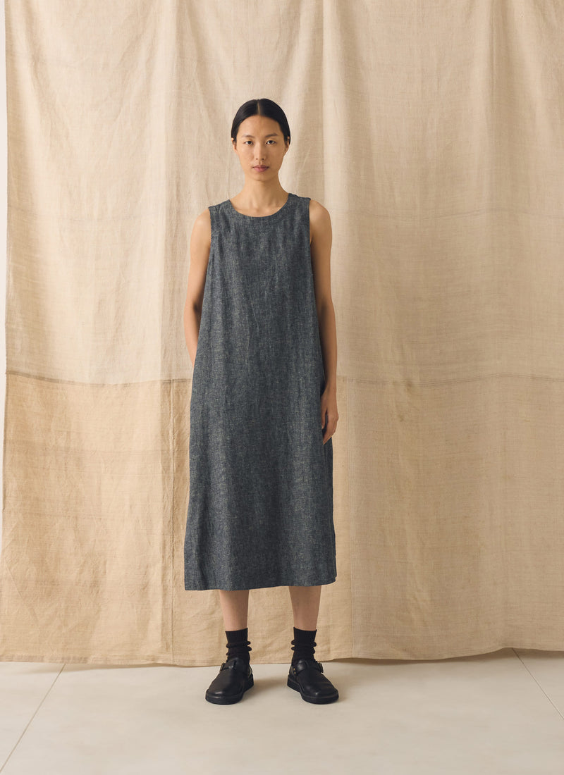 Linen Cotton Twill Apron Shift Dress | Navy/Ecru