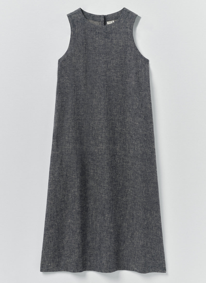 Linen Cotton Twill Apron Shift Dress | Navy/Ecru