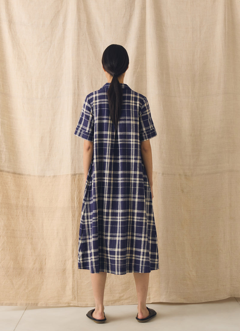 Check Linen Cotton Swing Dress | Blue/Soya