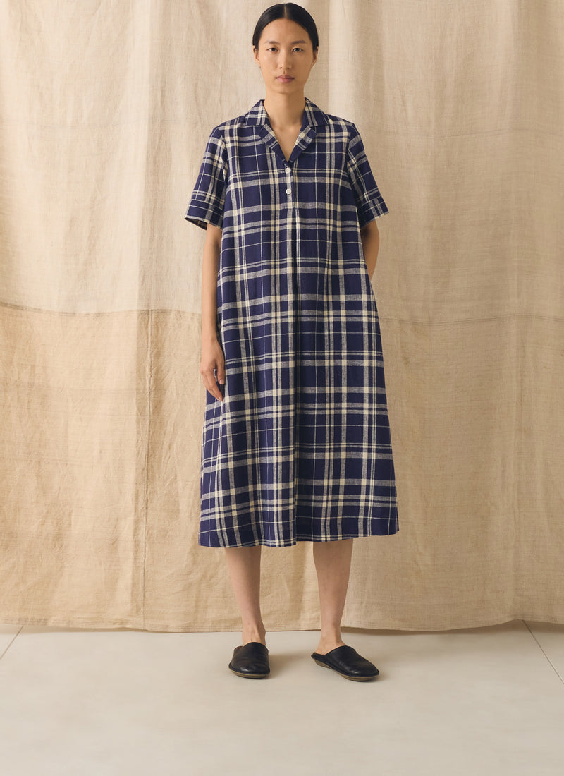Check Linen Cotton Swing Dress | Blue/Soya