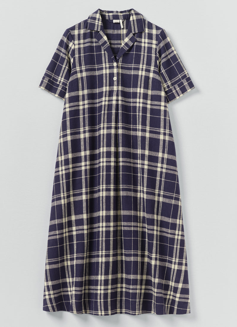 Check Linen Cotton Swing Dress | Blue/Soya