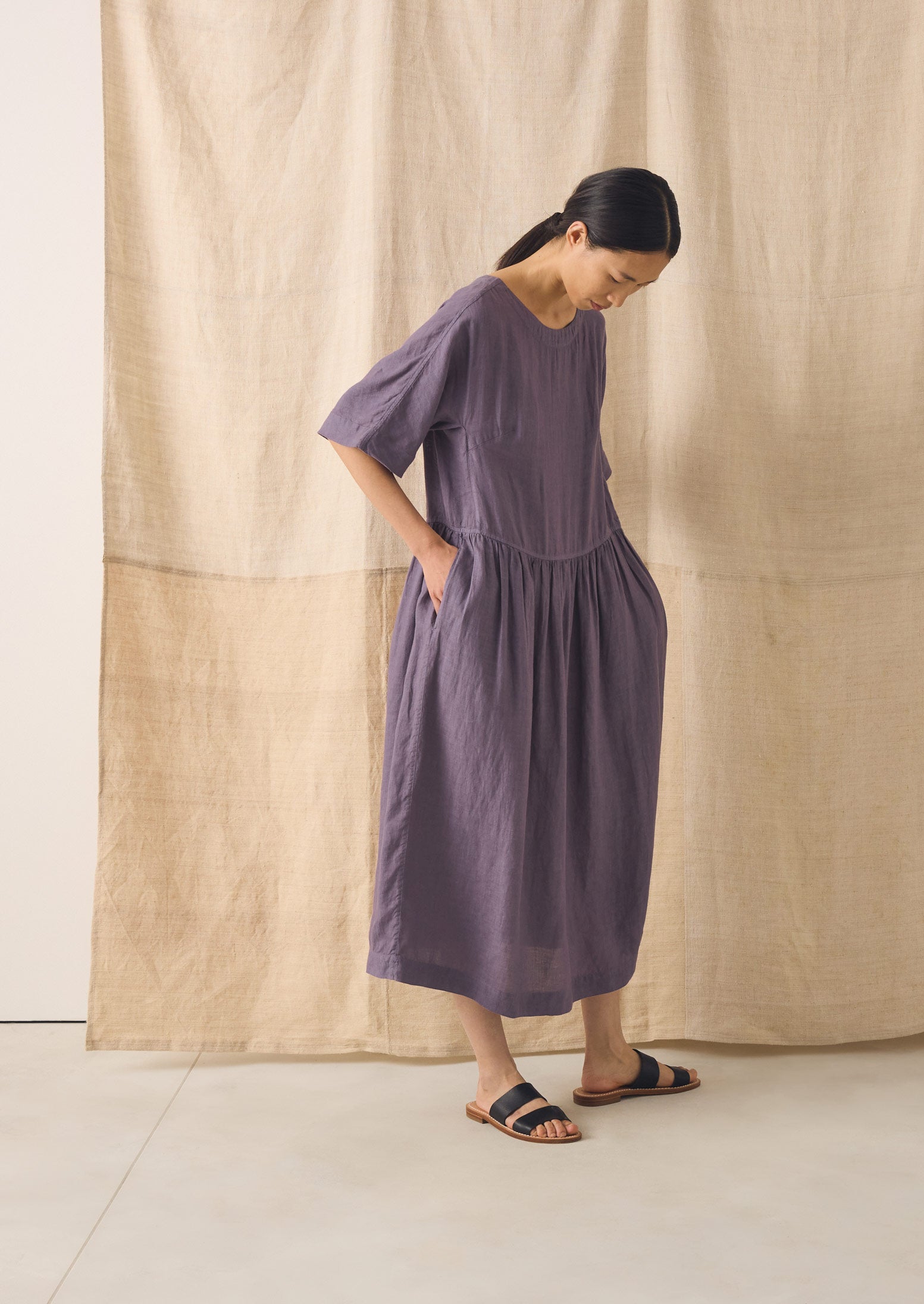 Lightweight Linen Gathered Waist Dress | Dark Thistle | TOAST