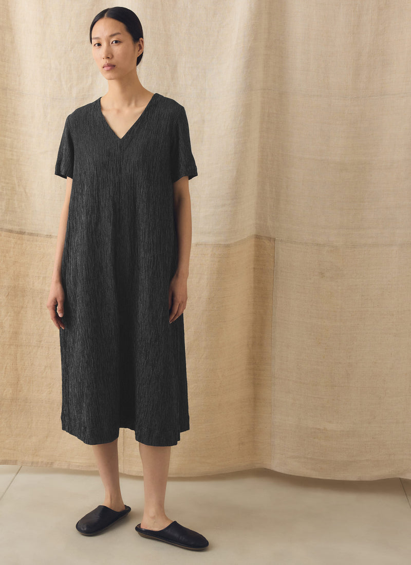 Fine Stripe Crinkled Cotton V Neck Dress | Earth/Ecru