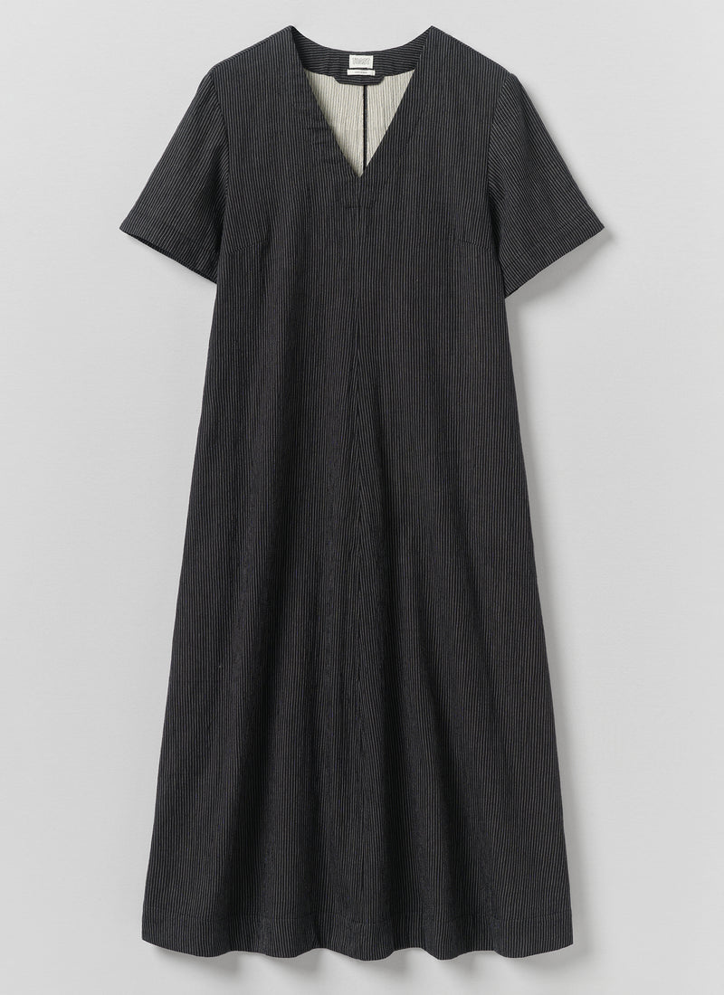 Fine Stripe Crinkled Cotton V Neck Dress | Earth/Ecru