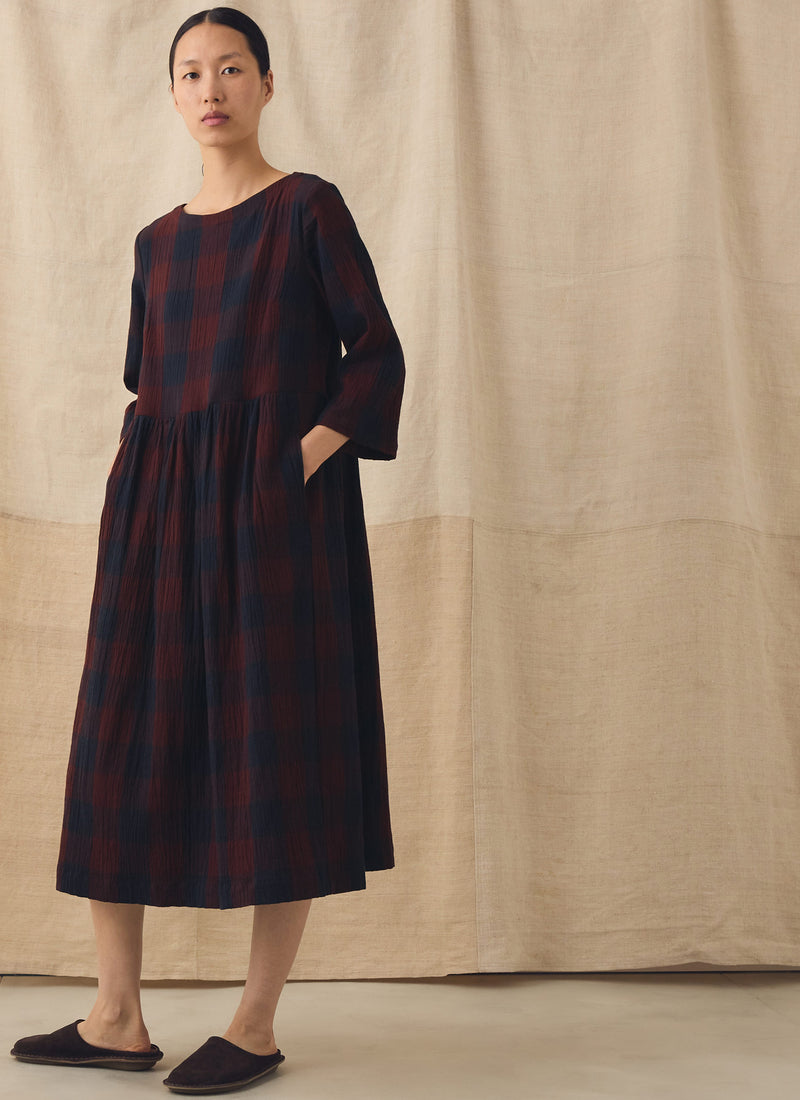 Freya Crinkle Cotton Macro Gingham Dress | Wine/Deep Blue