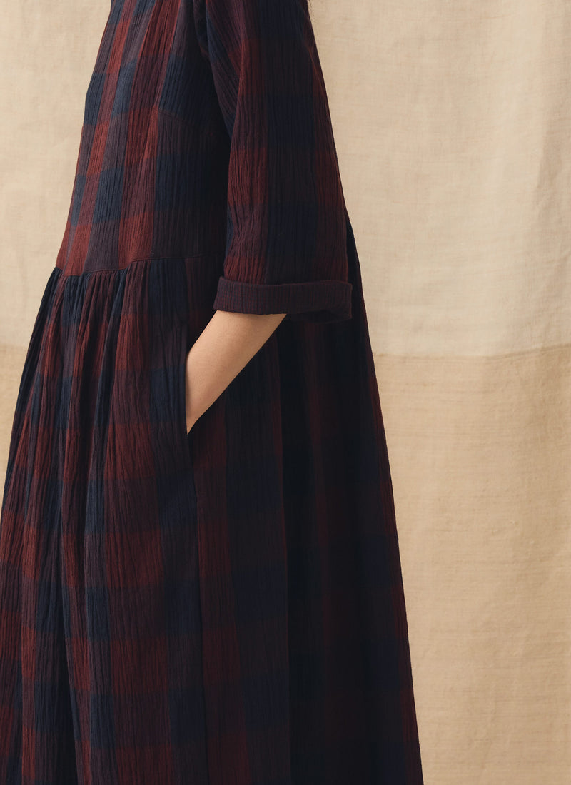 Freya Crinkle Cotton Macro Gingham Dress | Wine/Deep Blue