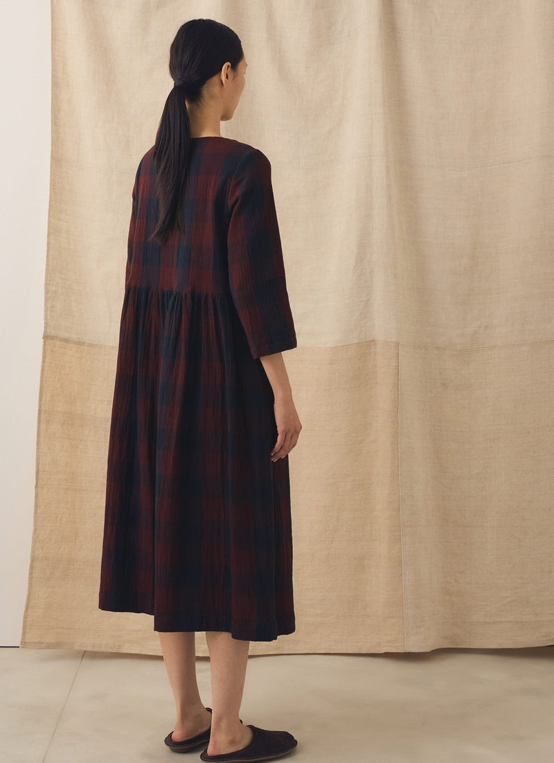 Freya Crinkle Cotton Macro Gingham Dress | Wine/Deep Blue