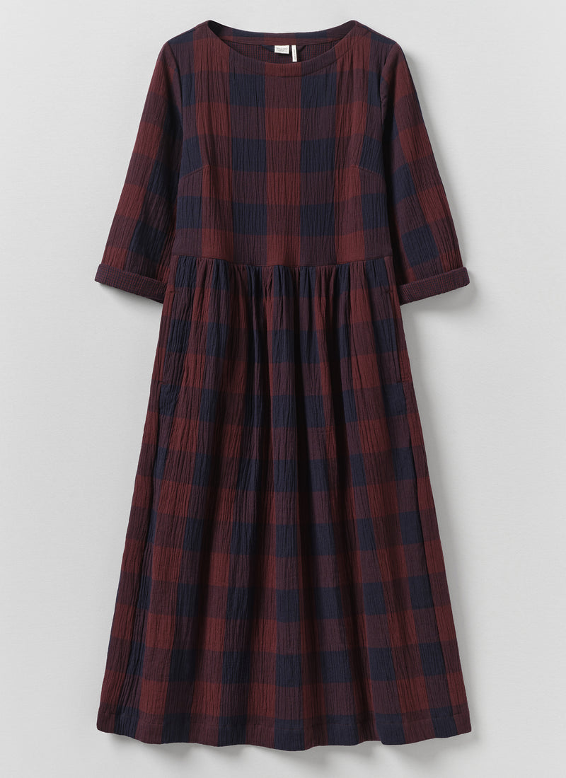 Freya Crinkle Cotton Macro Gingham Dress | Wine/Deep Blue