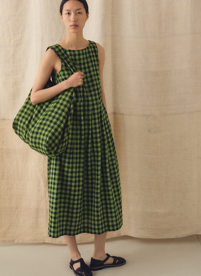 Aila Linen Cotton Gingham Check Dress | Beetle Green