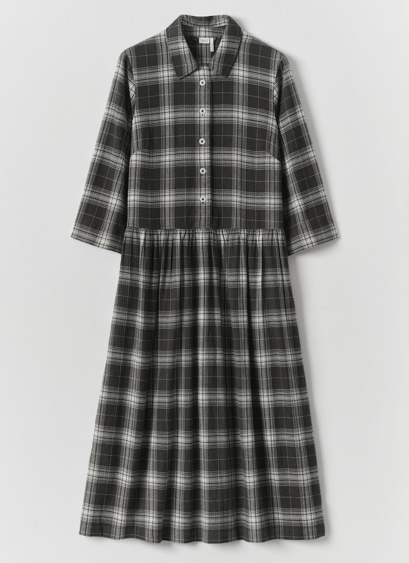 Check Cotton Cashmere Shirt Dress | Charcoal/Ecru