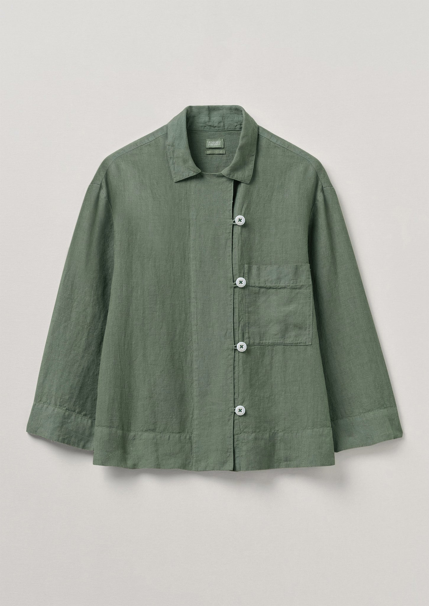 Open Collar Garment Dyed Linen Shirt | Sage