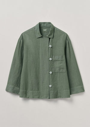 Open Collar Garment Dyed Linen Shirt | Sage