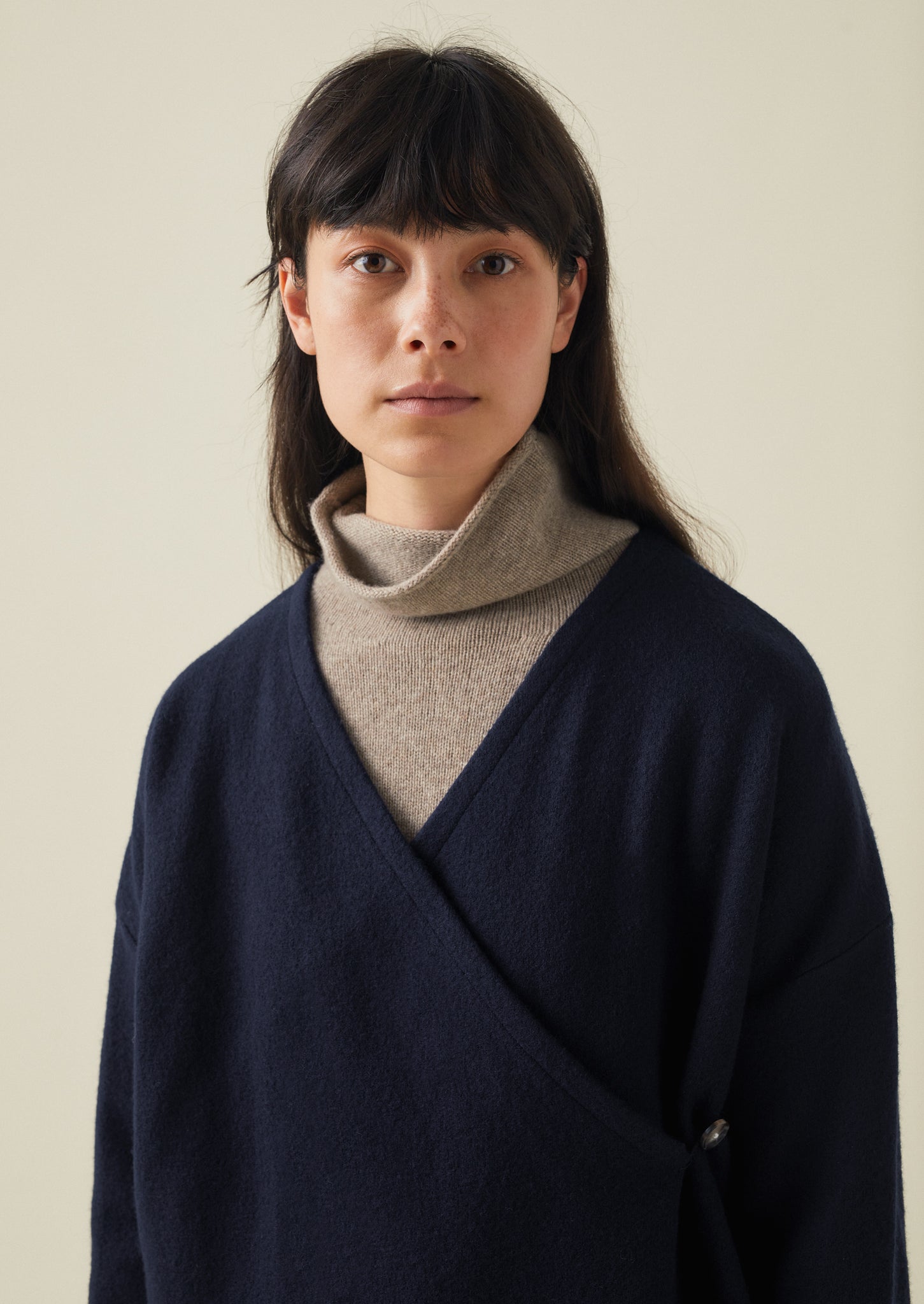 Boiled Wool Knitted Wrap Jacket | Navy