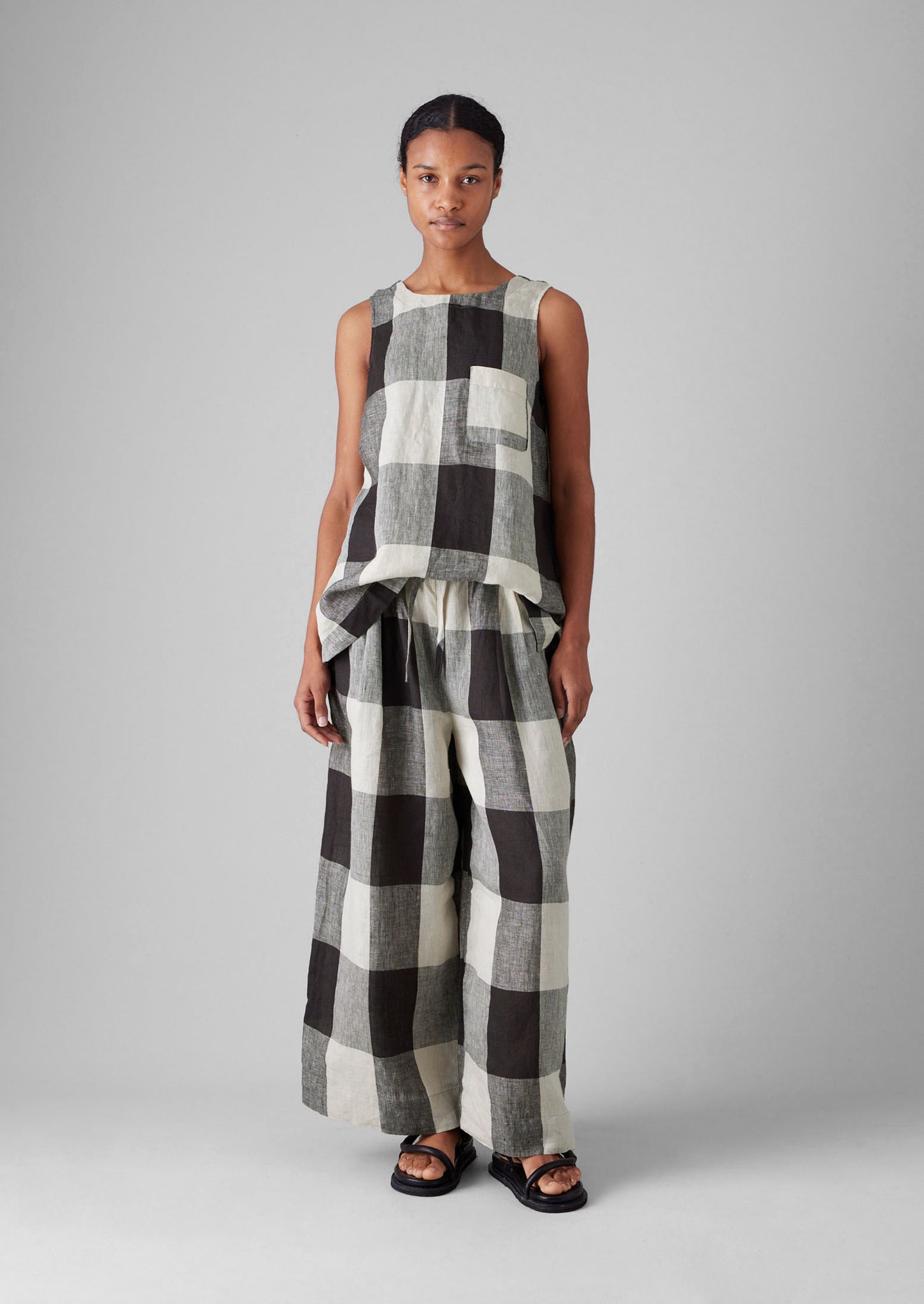 Macro Gingham Lightweight Linen Trousers | Ecru/Charcoal