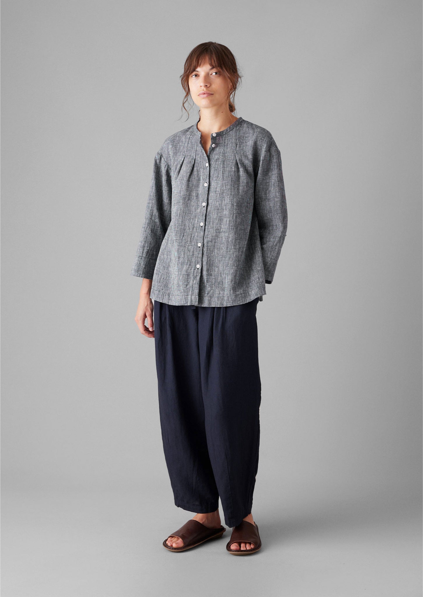 Linen Cotton Tie Shirt | Blue Melange