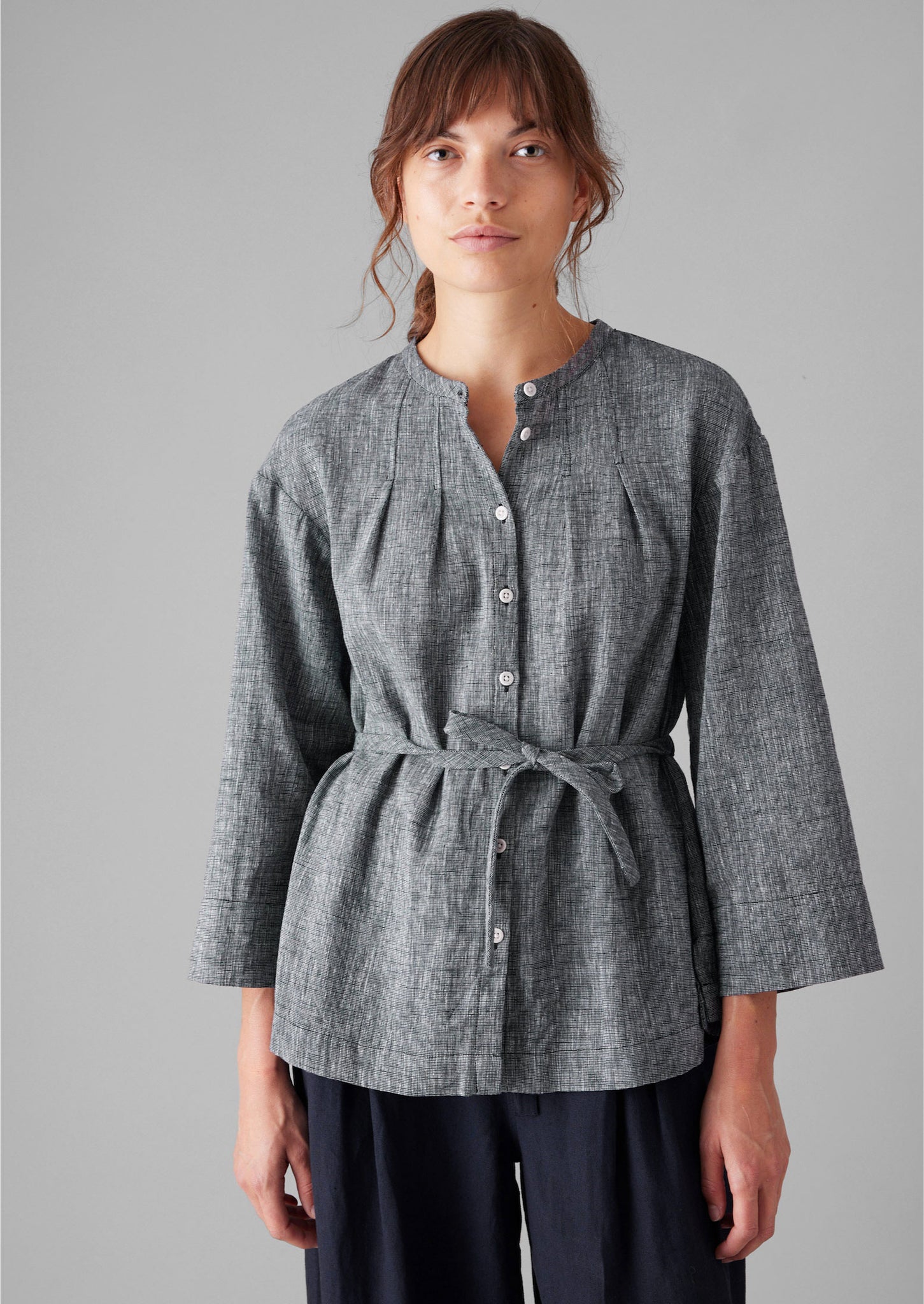 Linen Cotton Tie Shirt | Blue Melange