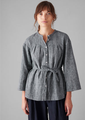 Linen Cotton Tie Shirt | Blue Melange