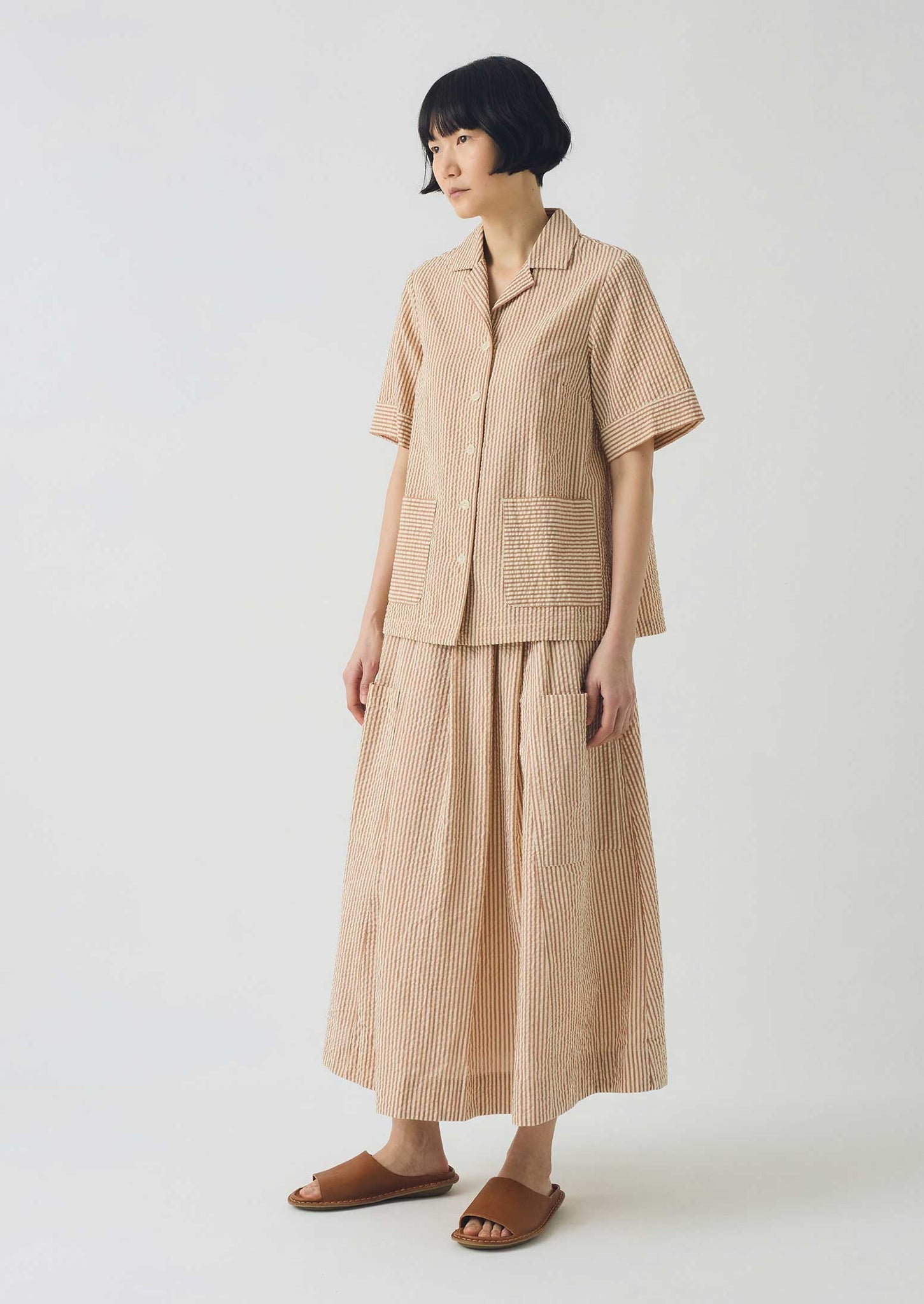 Stripe Cotton Seersucker Boxy Shirt | Terracotta/Ecru