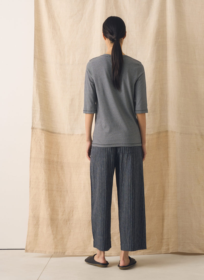 Half Sleeve Stripe Cotton Tee | Dark Navy/Ecru