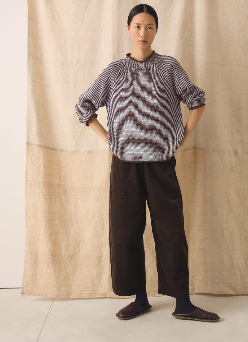 Stripe Linen Cotton Sweater | Brown Ochre/Periwinkle