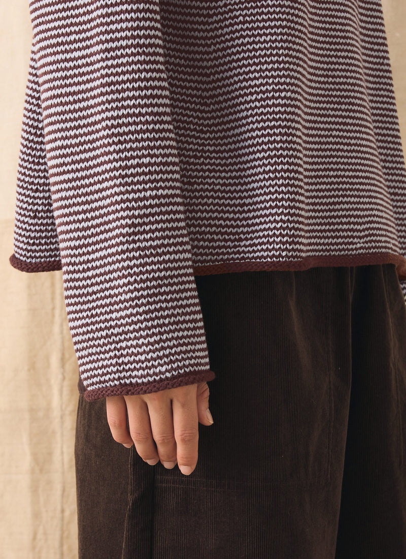 Stripe Linen Cotton Sweater | Brown Ochre/Periwinkle