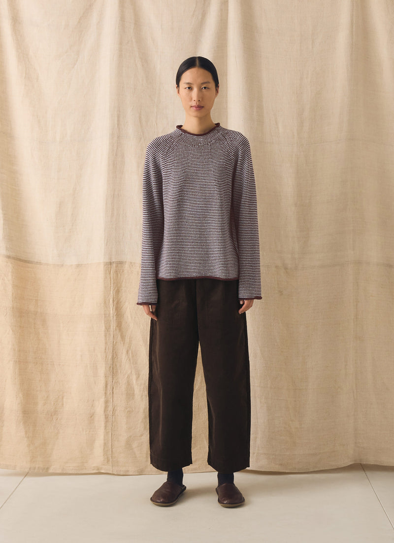 Stripe Linen Cotton Sweater | Brown Ochre/Periwinkle