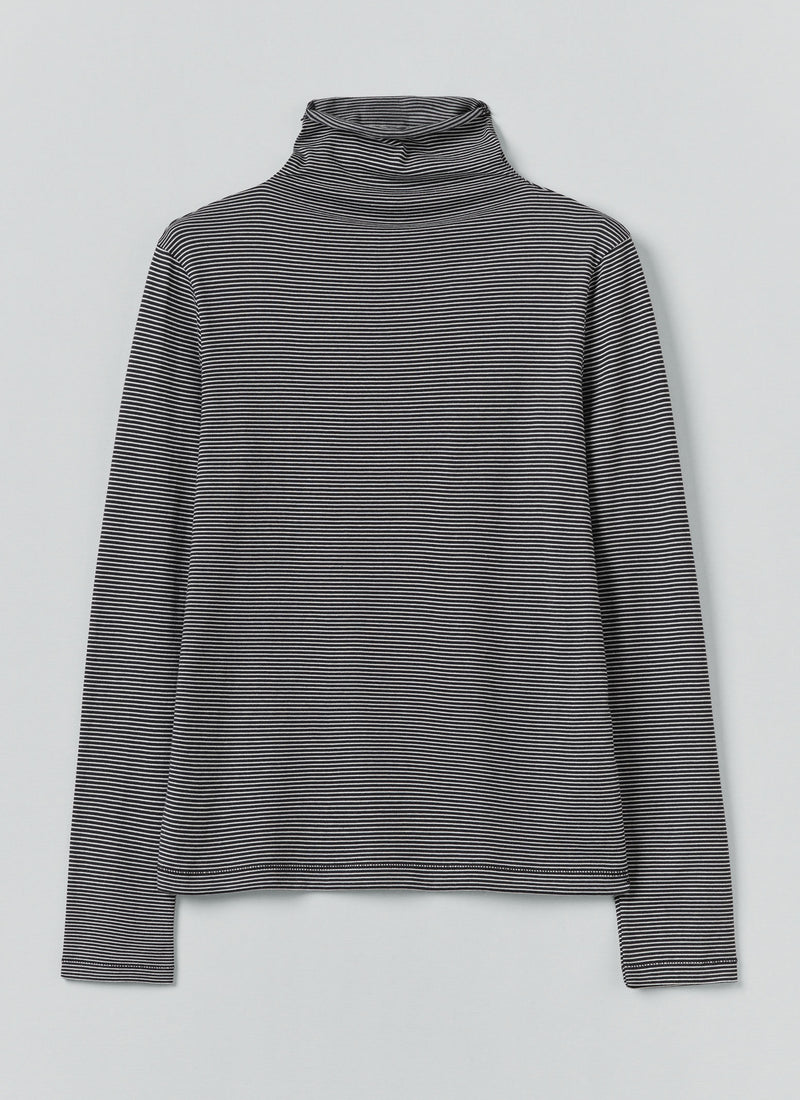 Stripe Cotton High Neck Tee | Dark Navy/Ecru
