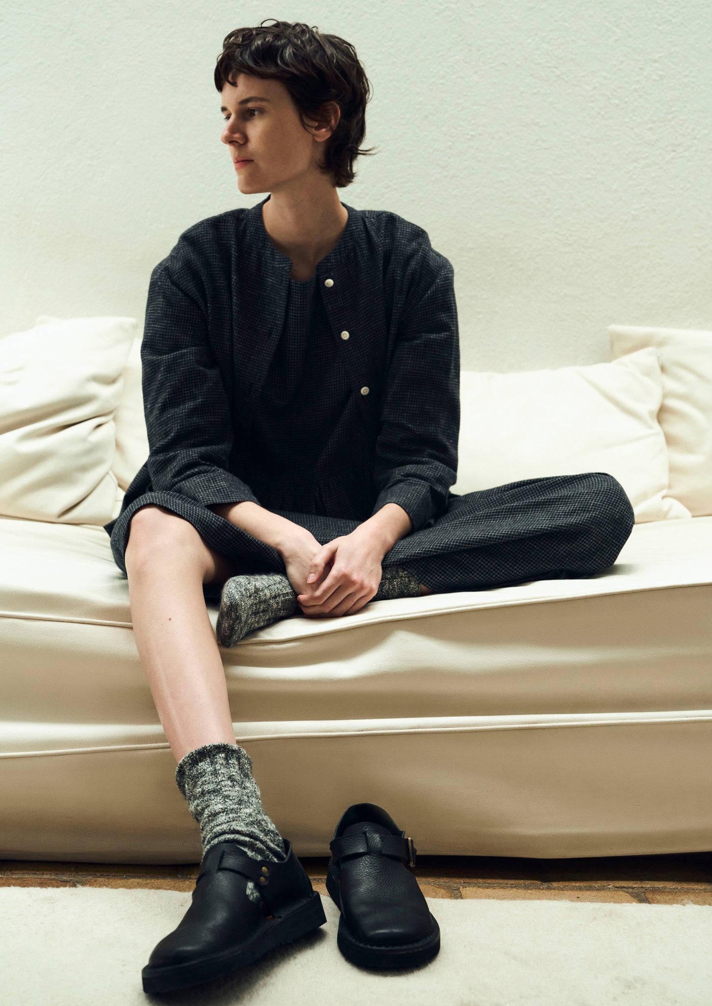 Cotton Cashmere Check Shirt | Black/Ecru