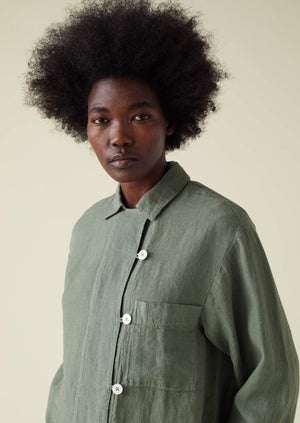 Open Collar Garment Dyed Linen Shirt | Sage