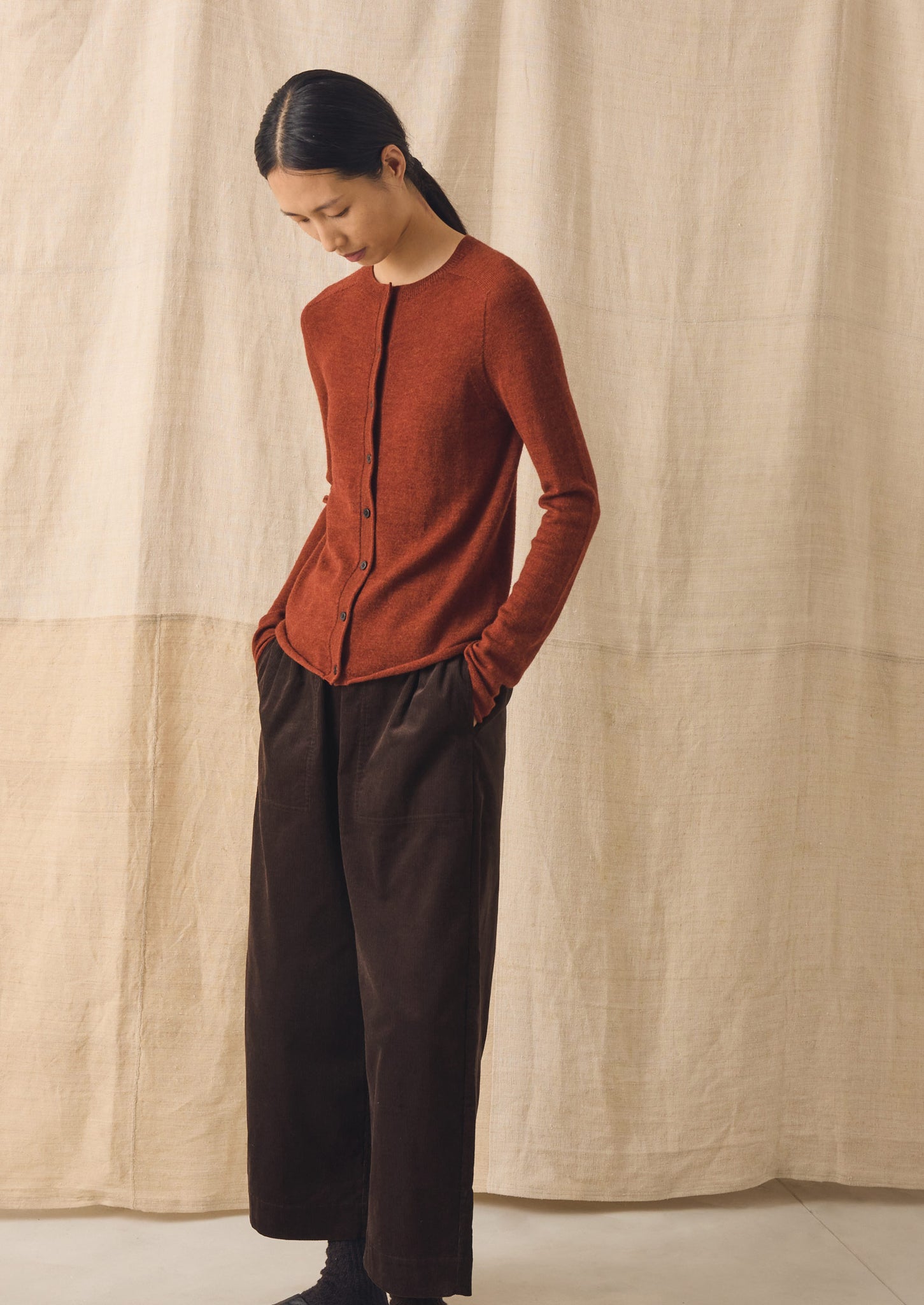 Wool Cashmere Neat Cardigan | Warm Terracotta