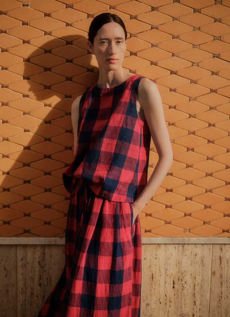 Gingham Check Linen Tank | Raspberry/Blue