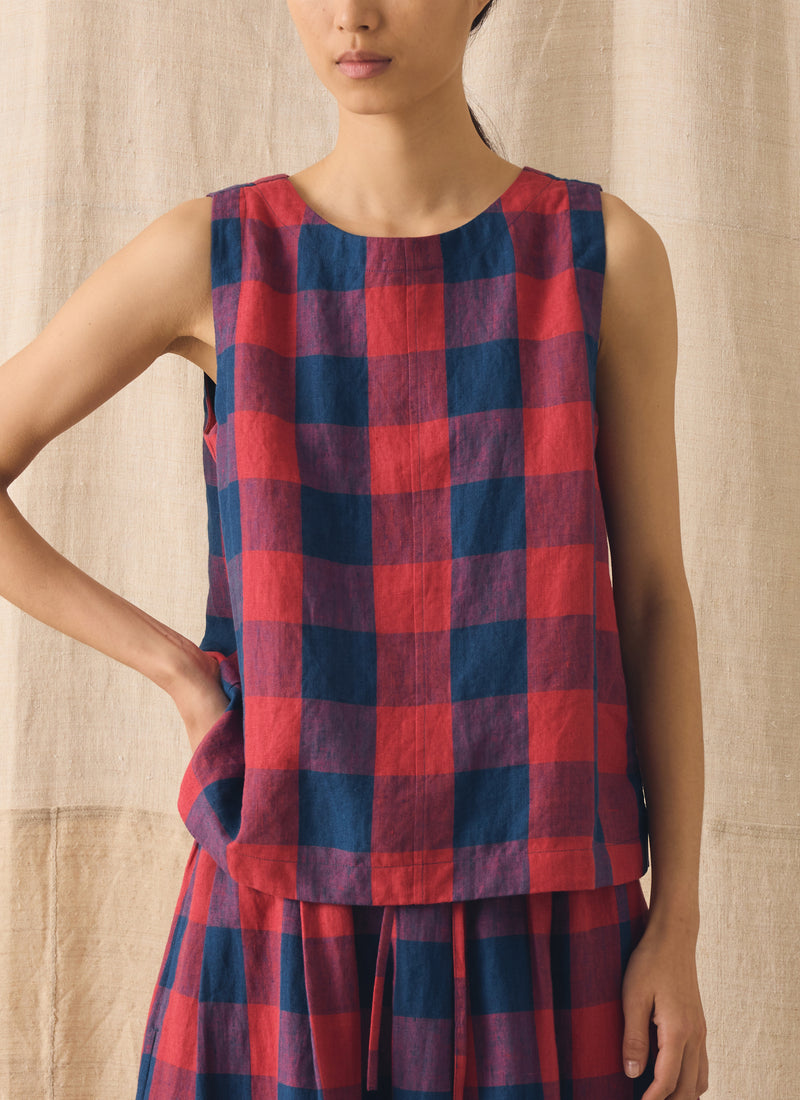 Gingham Check Linen Tank | Raspberry/Blue