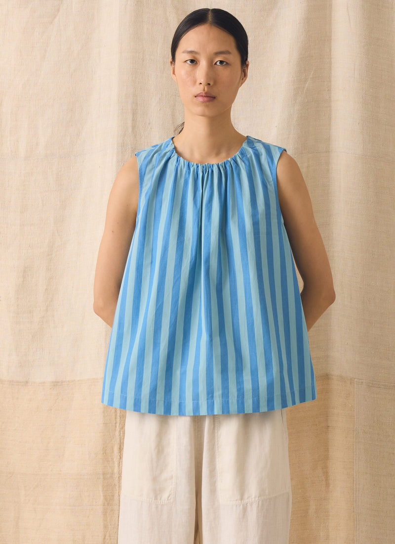 Oyo Stripe Gathered Cotton Tank | Aqua/Cornflower