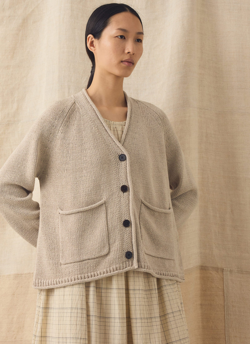 Cotton Linen V Neck Cardigan | Putty