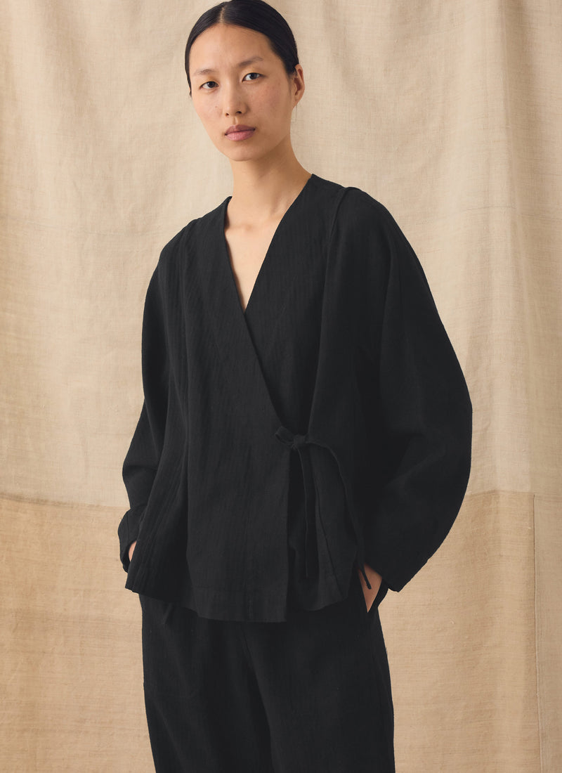 Brushed Linen Cotton Herringbone Wrap Top | Slate