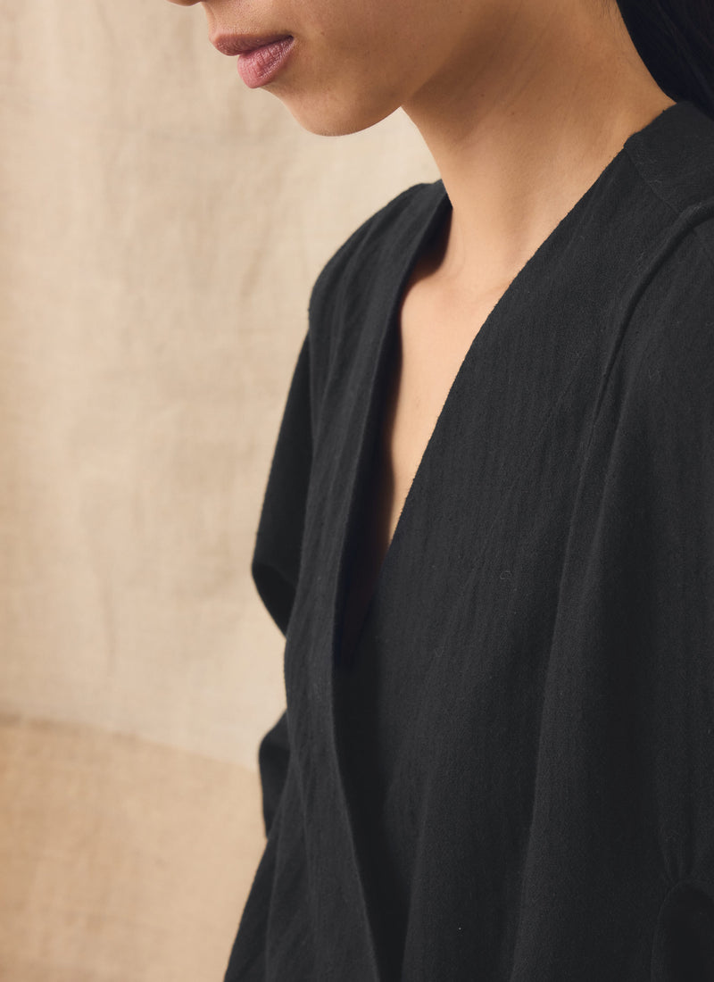 Brushed Linen Cotton Herringbone Wrap Top | Slate