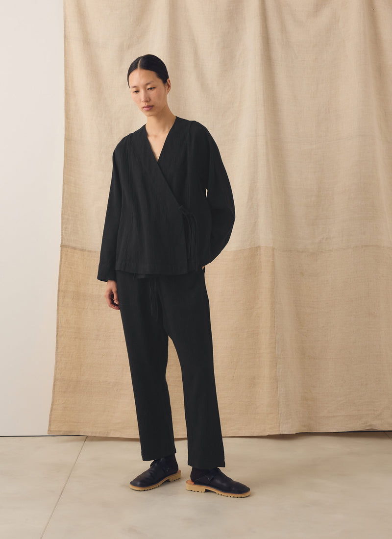 Brushed Linen Cotton Herringbone Wrap Top | Slate
