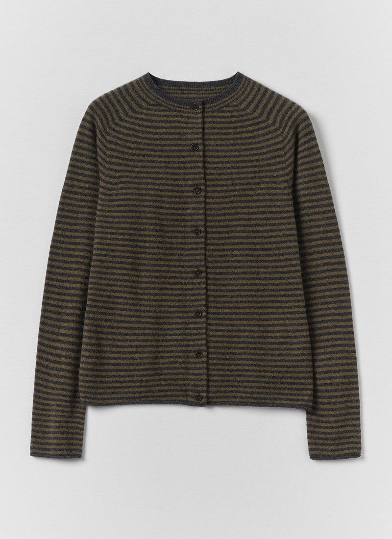 Stripe Wool Cashmere Neat Cardigan | Charcoal/Olive