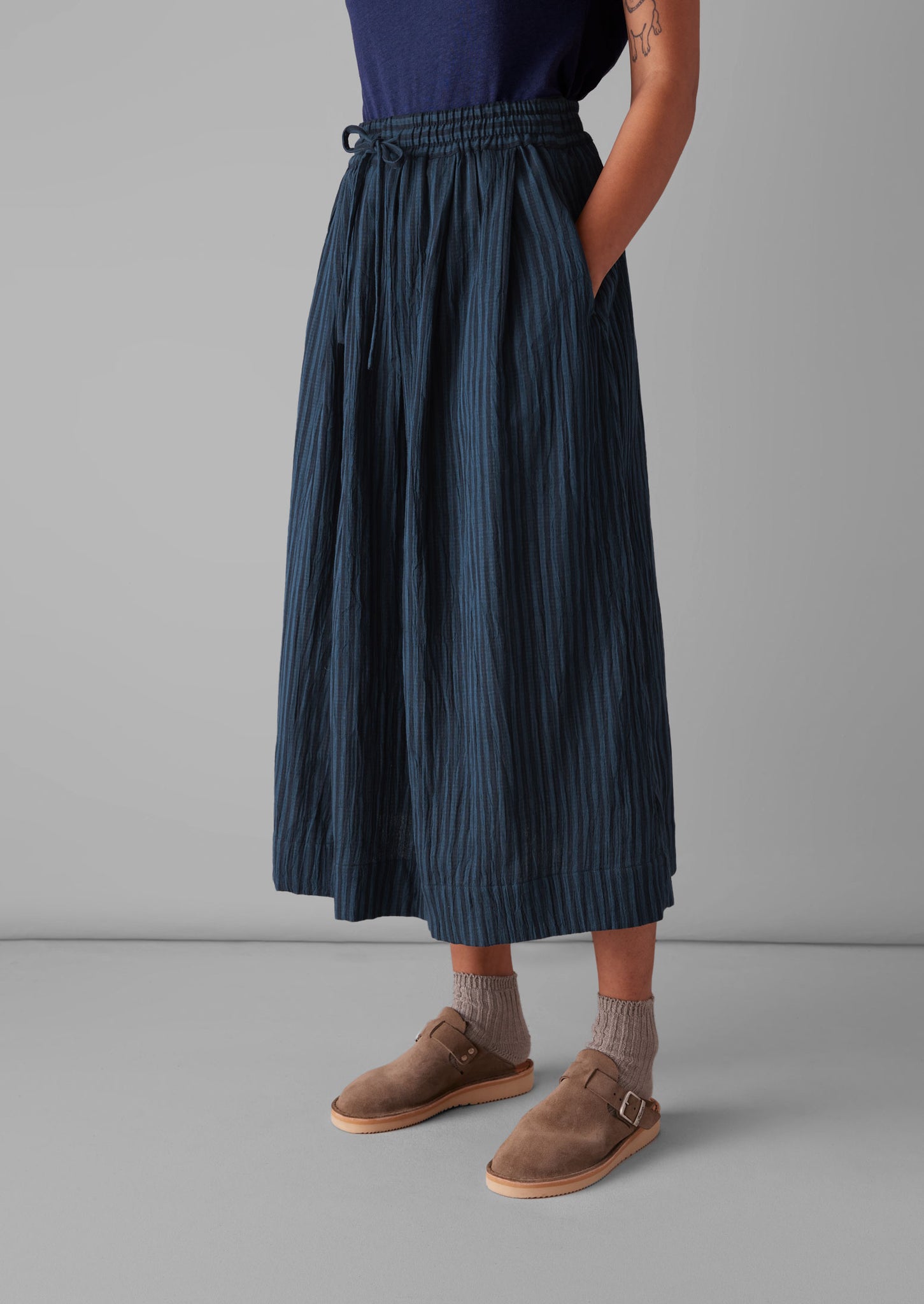 Crinkle Cotton Stripe Skirt | Navy