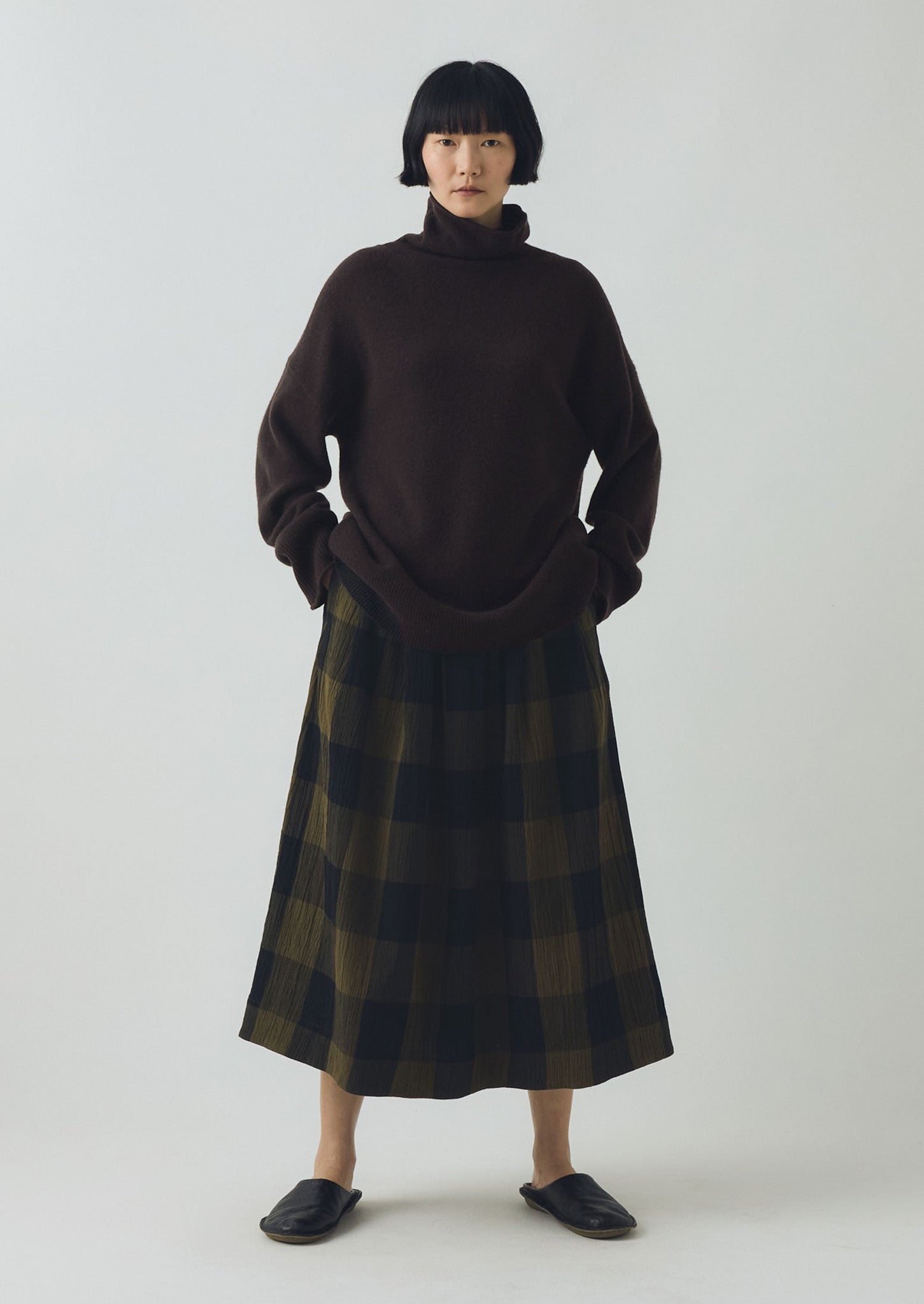 Crinkle Cotton Macro Gingham Skirt | Olive/Black