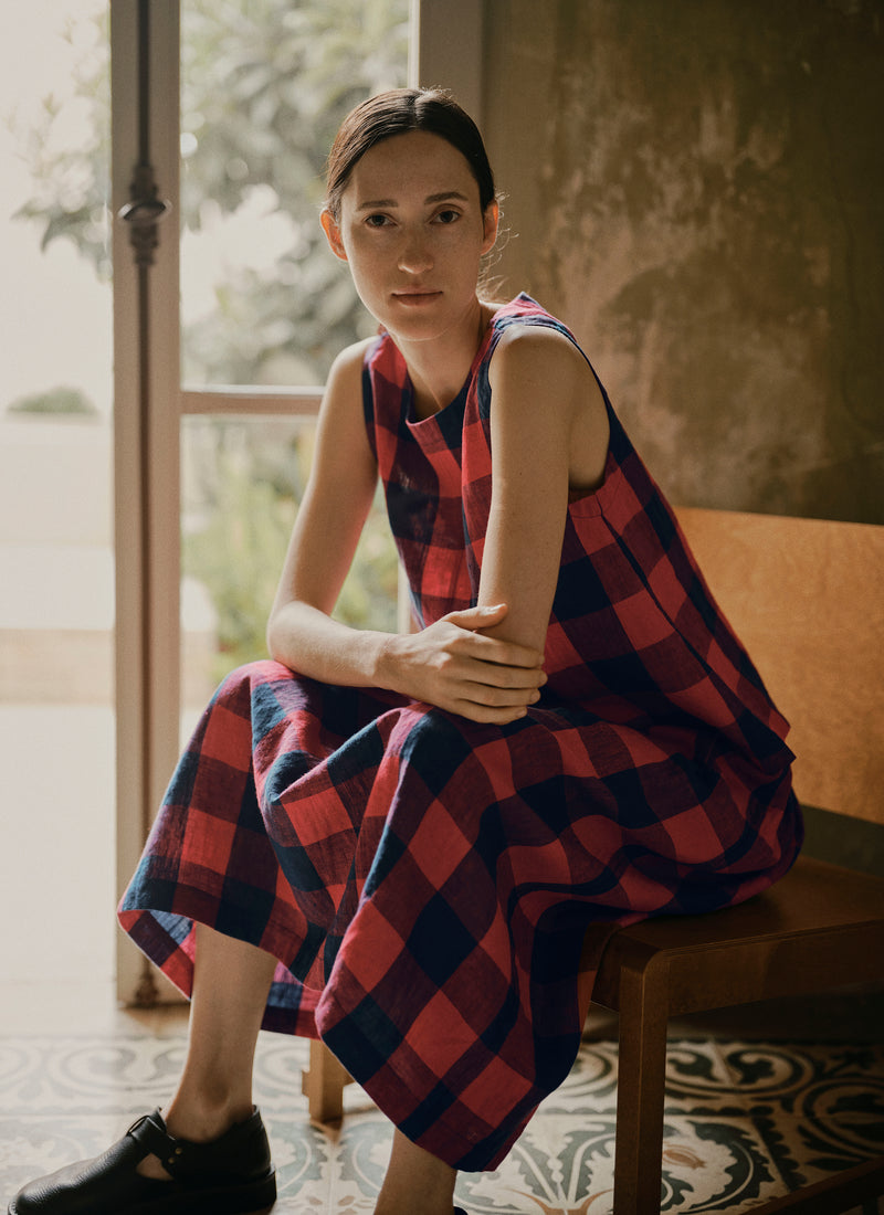 Gingham Check Linen Skirt | Raspberry/Blue