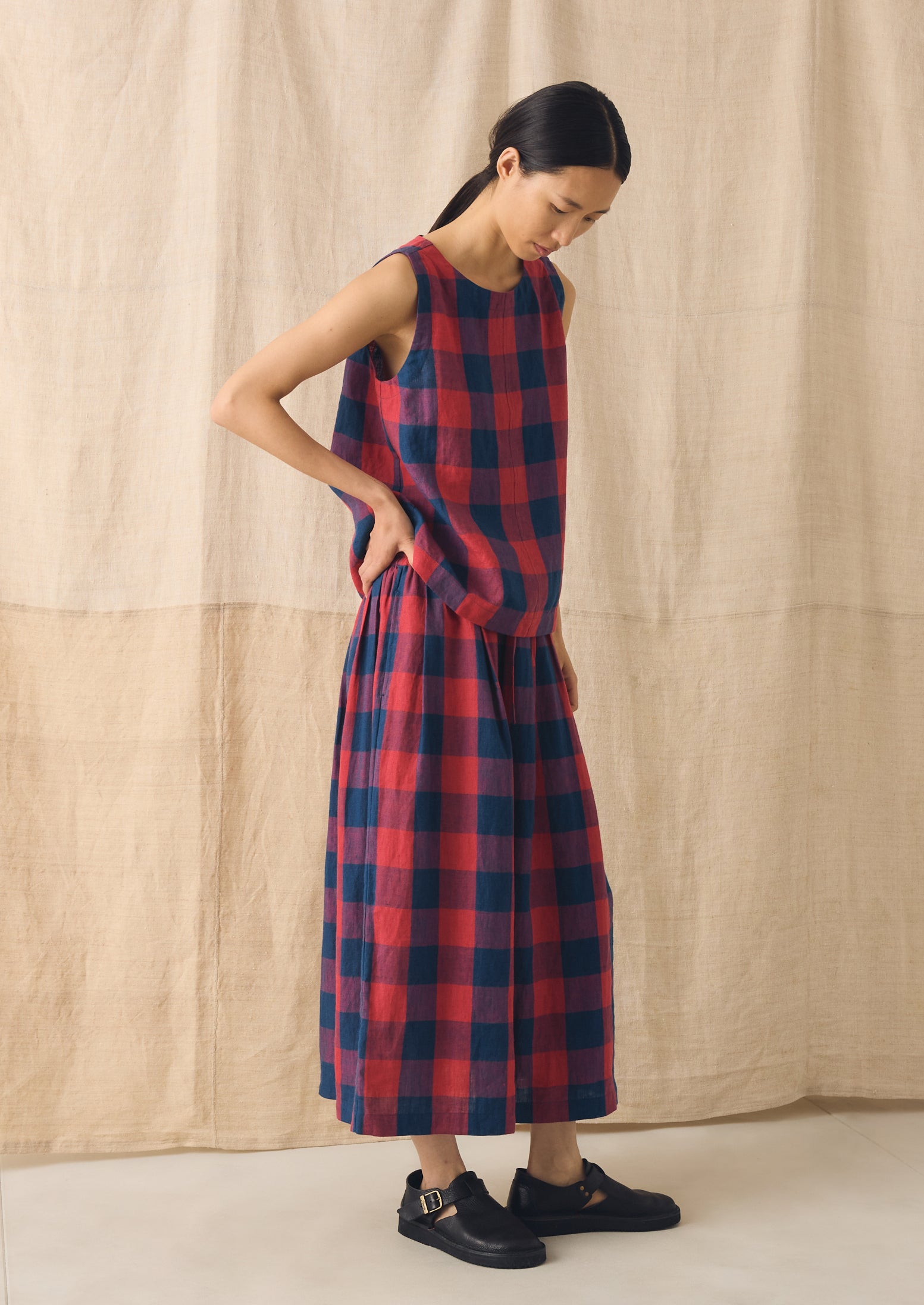 Gingham Check Linen Skirt | Raspberry/Blue | TOAST