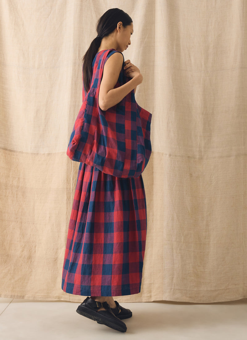 Gingham Check Linen Skirt | Raspberry/Blue