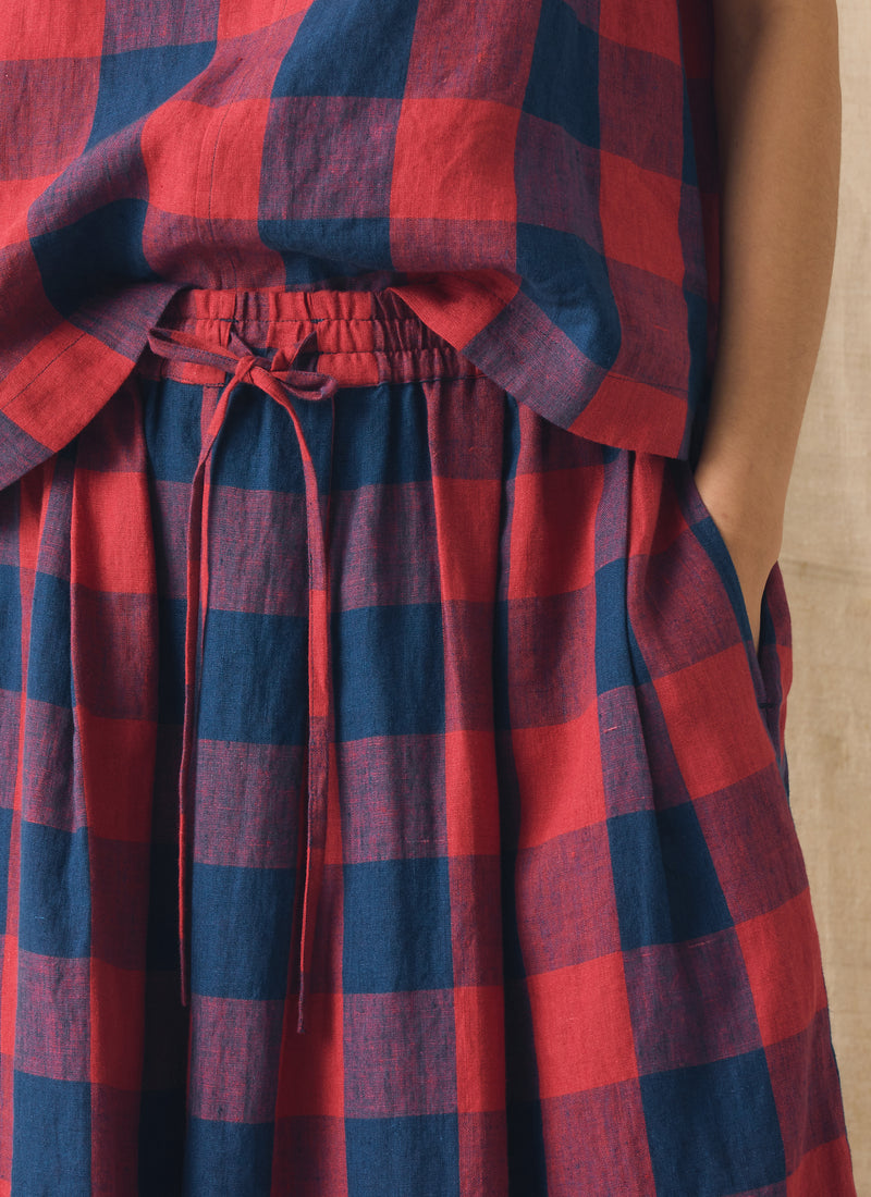 Gingham Check Linen Skirt | Raspberry/Blue