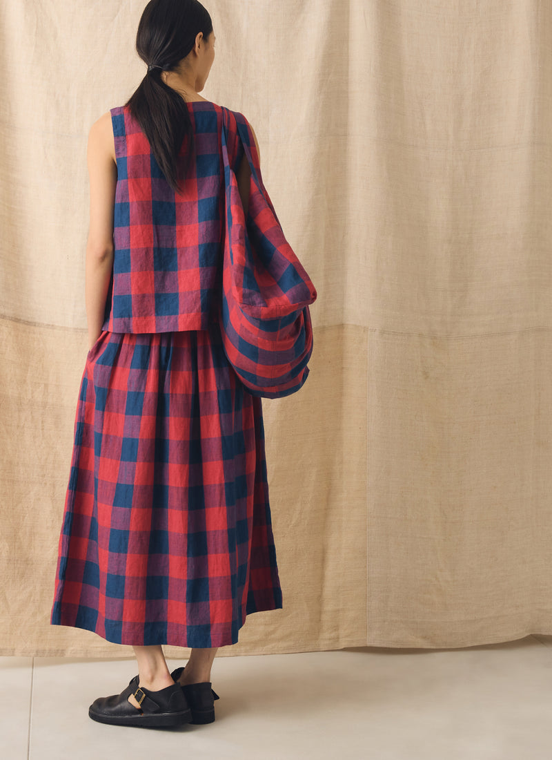 Gingham Check Linen Skirt | Raspberry/Blue