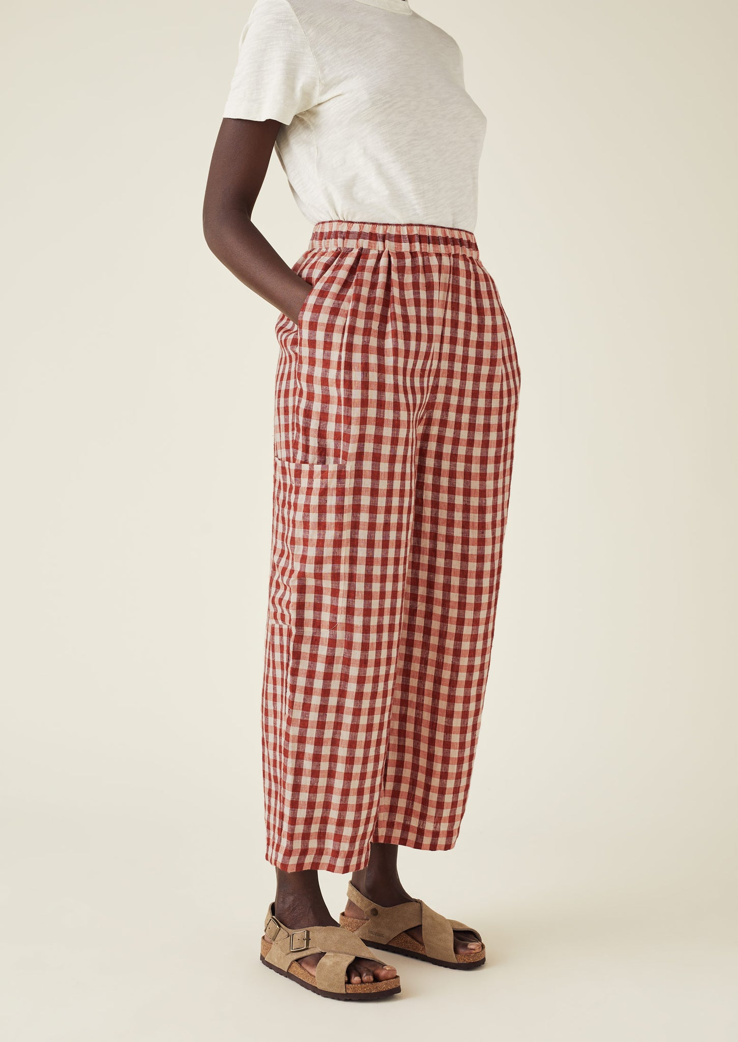 Gingham Linen Patch Pocket Trousers | Blush